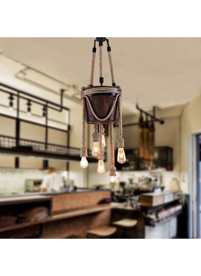 Generic Chandelier Vintage Industrial Hemp Rope Lamp Hanging Light Wood Black Dining Table Bedroom Pendant Lamp E27 * 8 Lights Adjustable Height Creative Wooden Barrel Design Decoration  - Image 4