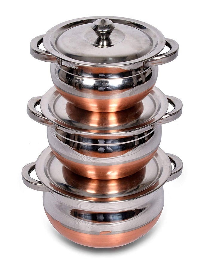 KITCHEN STAINLESS STEEL HANDI SET WITH LID SET BIRYANI HANDI SET FOR COOKING SERVING BAKING PREPPING USE SET OF 3