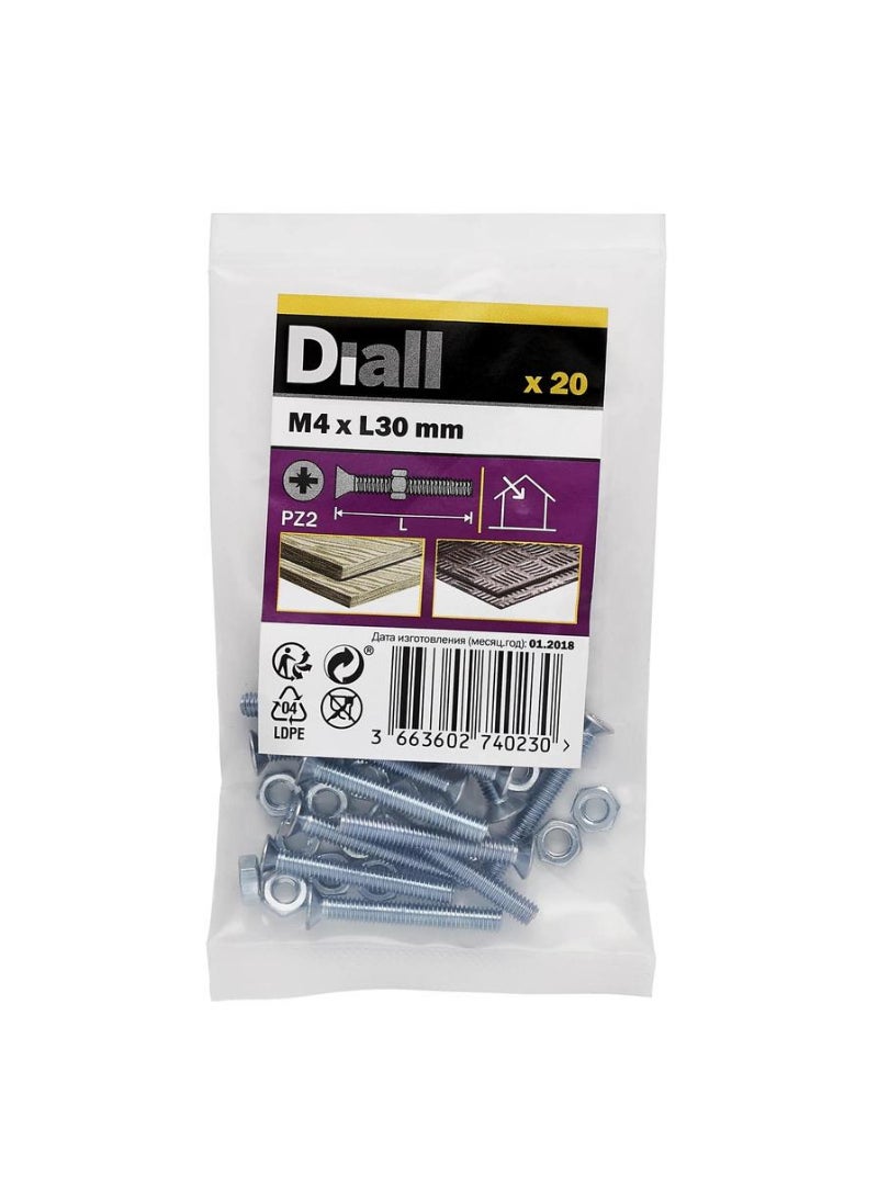 ACE Diall Zinc-Plated Carbon Steel Machine Screw And Nut Pack M4 x 30mm 20Pcs