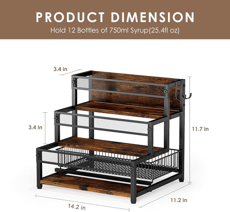 LOTEYIKE 3 Tier Coffee Syrup Rack Organizer, 12 Water Bottles Holder Stand Liquor Cabinet Storage, Wine Rack Countertop Storage Rack Coffee Bar Cabinet for Kitchen - Image 3