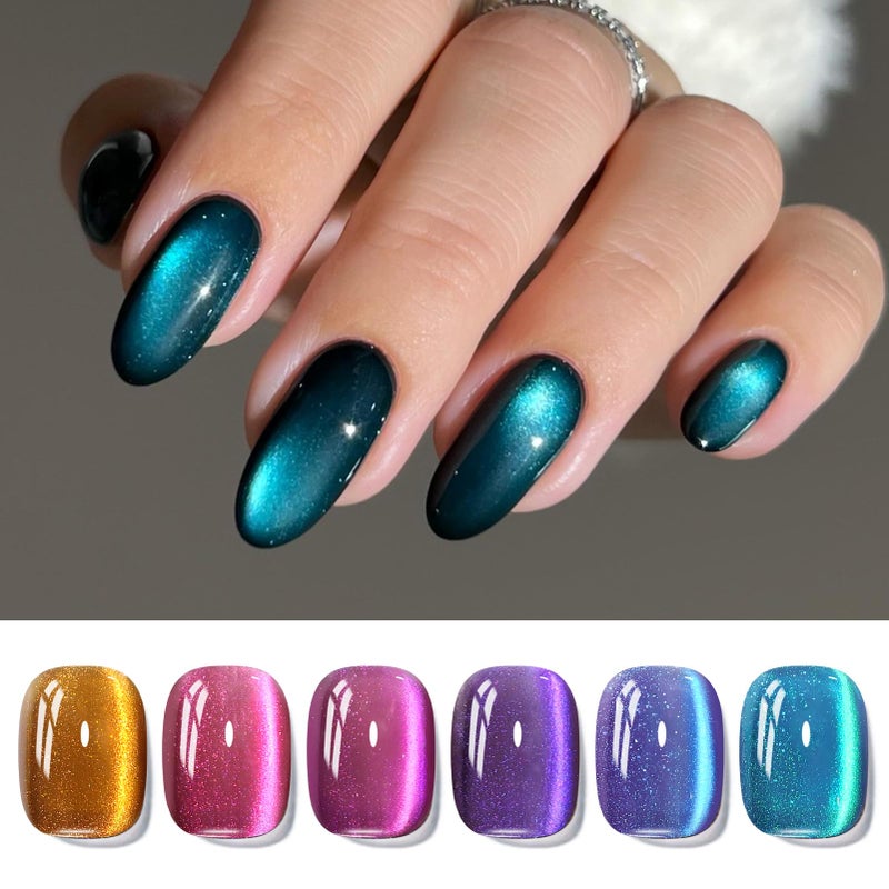 Born Pretty Cat Magnetic Eye Gel Nail Polish Glitter Auroras Magnetic Gel Polish Colorful Holographic Cat Magnetic Eye Nail Art Manicure DIY at Home 6PCS - Image 1