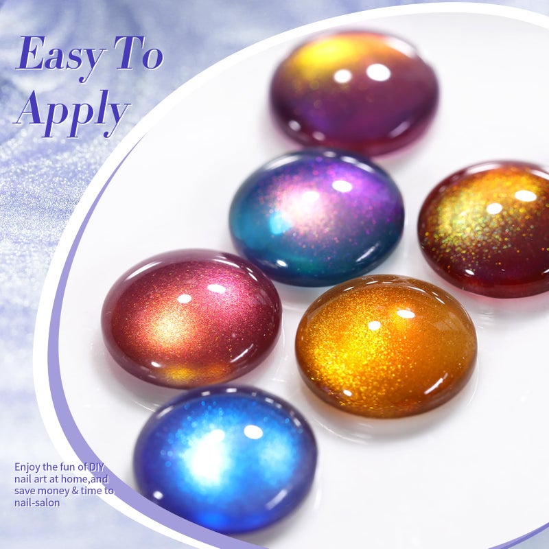 Born Pretty Cat Magnetic Eye Gel Nail Polish Glitter Auroras Magnetic Gel Polish Colorful Holographic Cat Magnetic Eye Nail Art Manicure DIY at Home 6PCS - Image 4