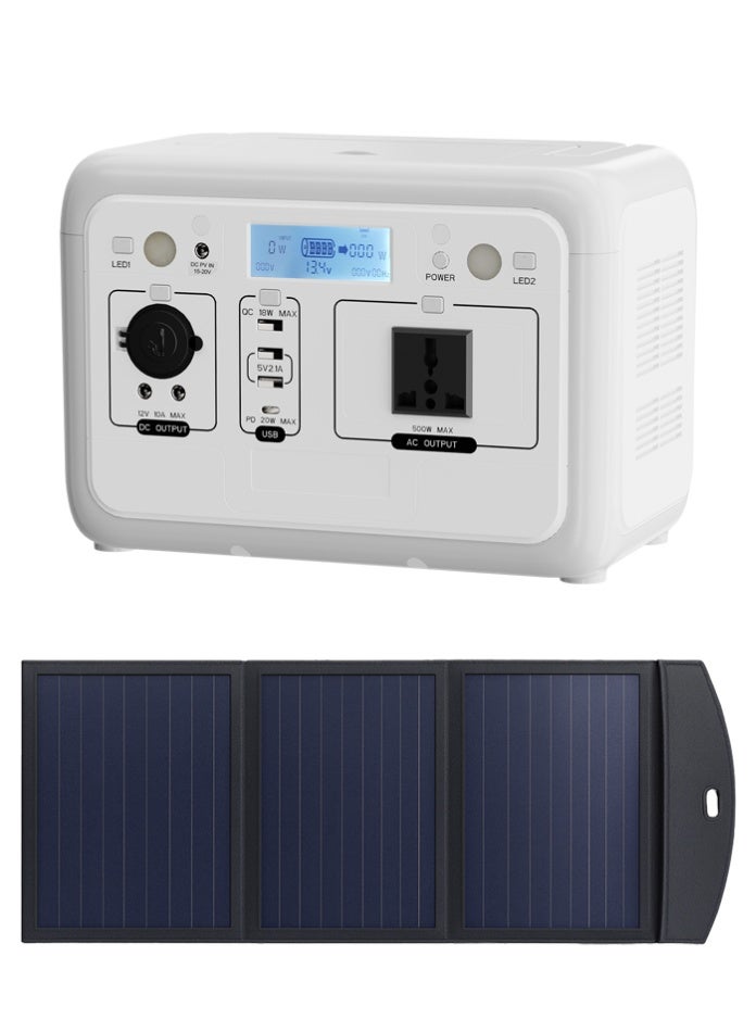 محطة طاقة محمولة بقوة 500 وات مع لوحة شمسية 75 وات 18 فولت، ومجموعة مولد طاقة شمسية ببطارية LiFePO4 مع عاكس موجة جيبية نقية، وإضاءة LED، ومخرج تيار مستمر/يو إس بي/تيار متردد للتخييم في الهواء الطلق، والسفر بالسيارة الترفيهية، والطاقة الاحتياطية المنزلية - Image 1