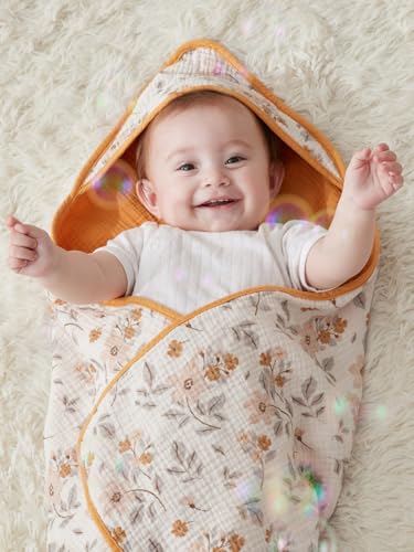 TILLYOU Muslin Hooded Baby Towels for Newborn 2 Pack 32x32Inch Soft Baby Bath Towel Highly Absorbent for Newborn and Infant Essential for Newborn Care Yellow Flower - Image 3