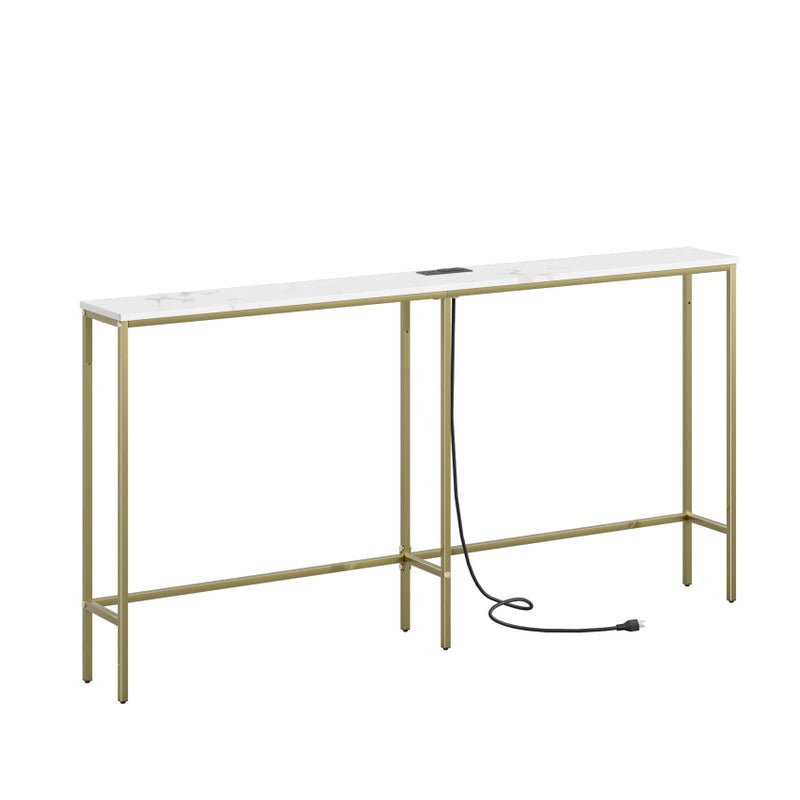 SONGXIN 63 Inch Console Table with Power OutletModern Narrow Long Sofa Table Behind CouchSkinny Entry Table with Gold Metal Frame for EntrywayLiving Room HallwayMarble White