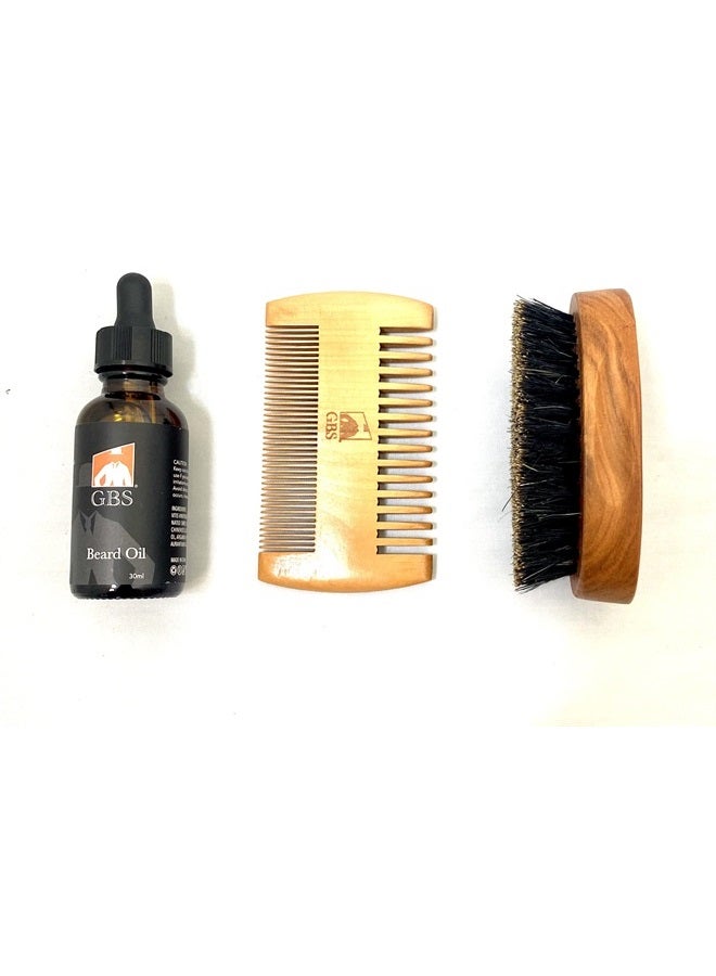G.B.S Men's Grooming Beard Care Kit - Wooden Beard and Hair Comb, Boar Beard Brush and 1fl oz Beard Oil Combo - Image 1