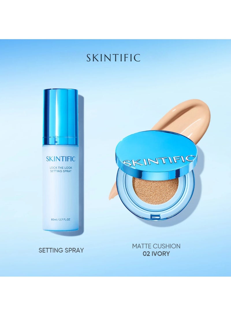 SKINTIFIC Velvet Matte Duo: Perfect Stay Cushion 02 Ivory + Lock The Look Setting Spray for a Seamless, All-Day Matte Finish - Image 1