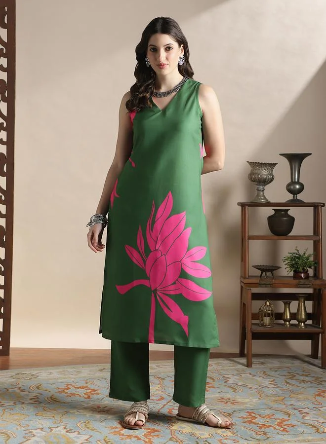 globus Floral Print Straight Kurta and Pants Fusion Set