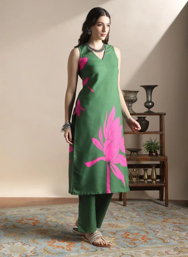 globus Floral Print Straight Kurta and Pants Fusion Set