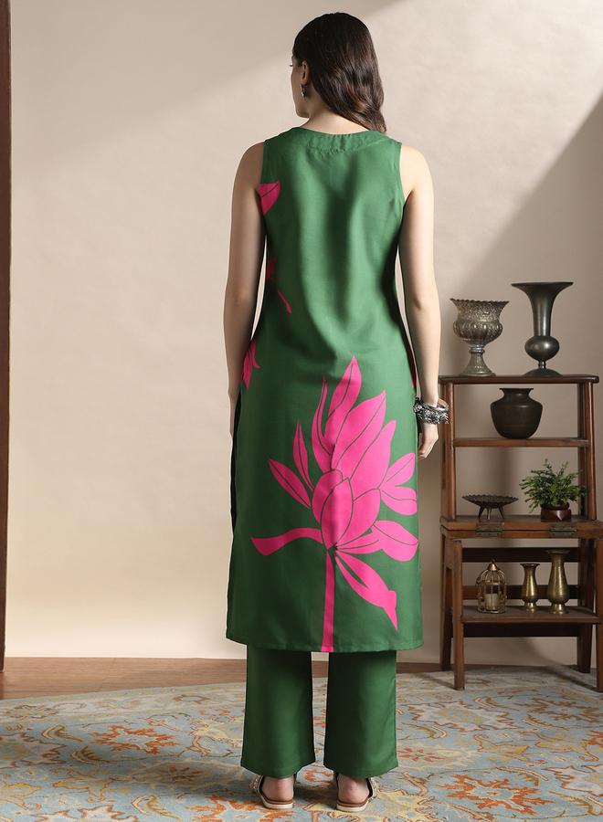 globus Floral Print Straight Kurta and Pants Fusion Set - Image 3