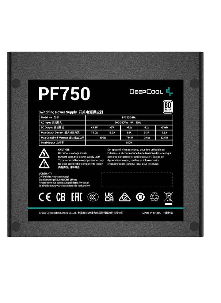DEEPCOOL - PF750 ATX 12V Power Supply Unit, 750W Power, 80 Plus Standard Certification, Active PFC + Double Tube Forward 750Watts, 5% Efficiency, 120mm Fan Size - Black | R-PF750D-HA0B-UK - Image 1
