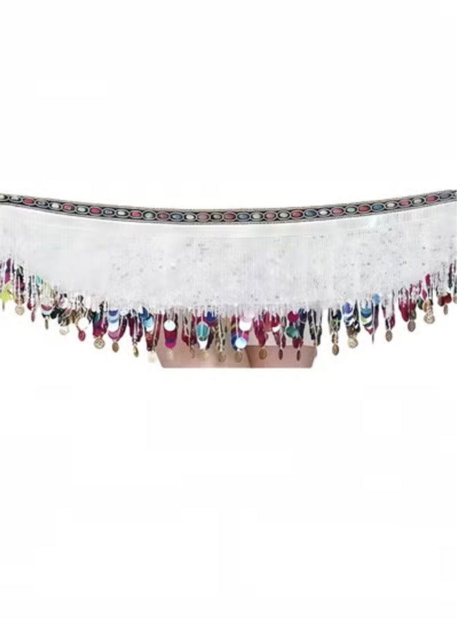Peachjoy Women Belly Dance Hip Tassel Scarf, Dancing Costumes Sequin Gold Coin Hip Belt Skirt, Chiffon Dangling Belly Dance Waist Costume Belt for Women Girls