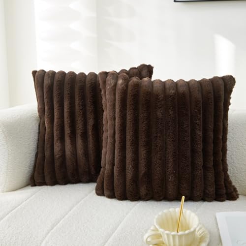 Sunday Praise Dark Brown Striped Throw Pillow Covers 16x16 Inch Set of 2 Double-Sided Faux Fur Plush Decorative Pillow Cases Soft Luxury Cushion Cases for Couch Sofa Living Room Décor - Image 1