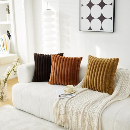 Sunday Praise Dark Brown Striped Throw Pillow Covers 16x16 Inch Set of 2 Double-Sided Faux Fur Plush Decorative Pillow Cases Soft Luxury Cushion Cases for Couch Sofa Living Room Décor - Image 3