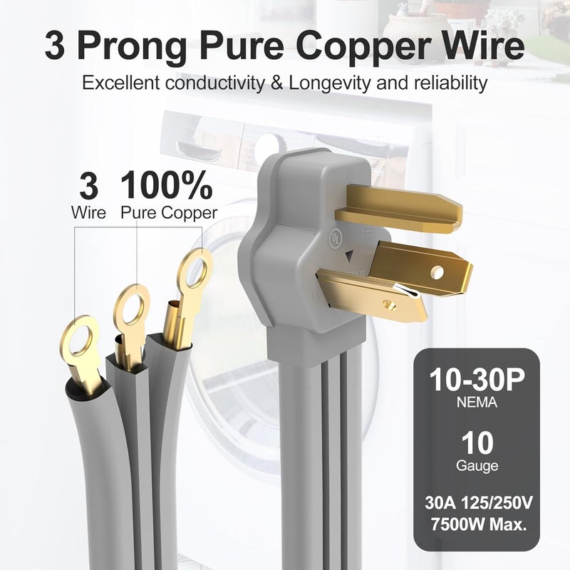 TOPDC 3 Prong Dryer Cord, 30 AMP Appliance Power Cord 10 Feet, 3 Wires with O Ring Terminal Connectors, 100% Pure Copper Wire - Image 2