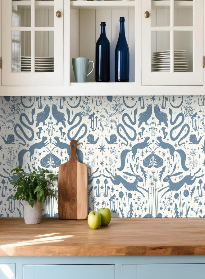 Livelynine 17.5x276 Blue Peel and Stick Wallpaper Woodland Animal Moon Stars Floral Bird Blue Wall Paper for Bedrooms Boys Room Playroom Classroom Nursery Renter Friendly Contact Paper Decorative - Image 5