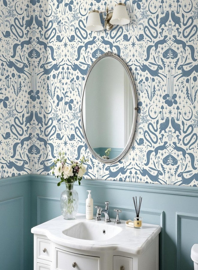Livelynine 17.5x276 Blue Peel and Stick Wallpaper Woodland Animal Moon Stars Floral Bird Blue Wall Paper for Bedrooms Boys Room Playroom Classroom Nursery Renter Friendly Contact Paper Decorative - Image 2