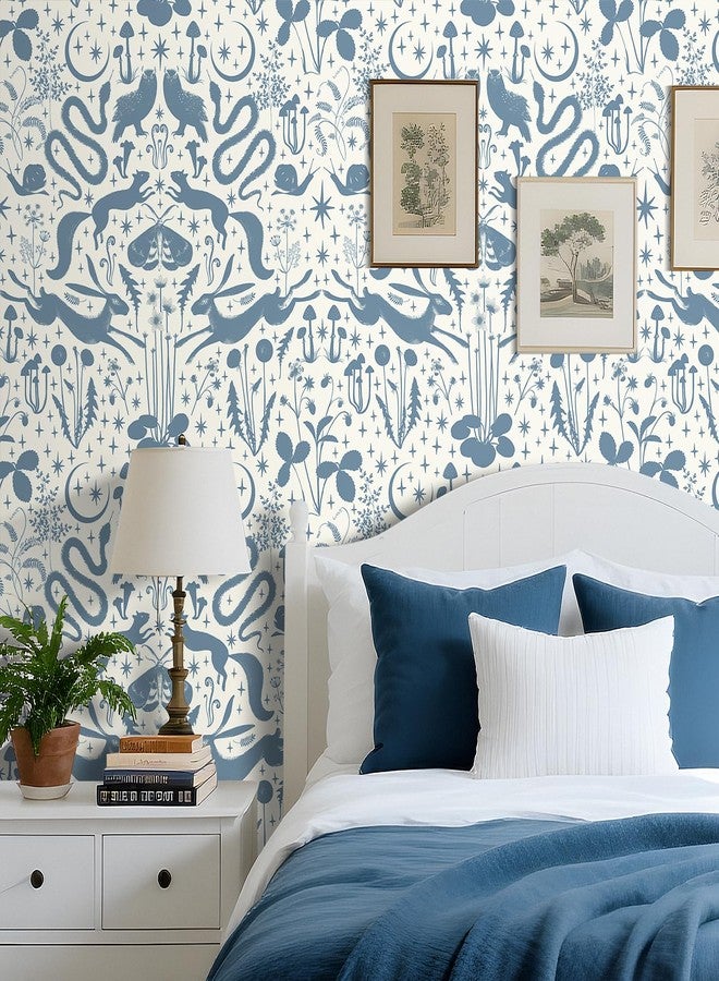 Livelynine 17.5x276 Blue Peel and Stick Wallpaper Woodland Animal Moon Stars Floral Bird Blue Wall Paper for Bedrooms Boys Room Playroom Classroom Nursery Renter Friendly Contact Paper Decorative - Image 4