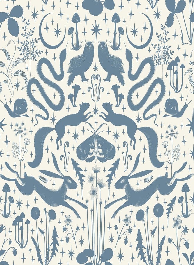 Livelynine 17.5x276 Blue Peel and Stick Wallpaper Woodland Animal Moon Stars Floral Bird Blue Wall Paper for Bedrooms Boys Room Playroom Classroom Nursery Renter Friendly Contact Paper Decorative - Image 1