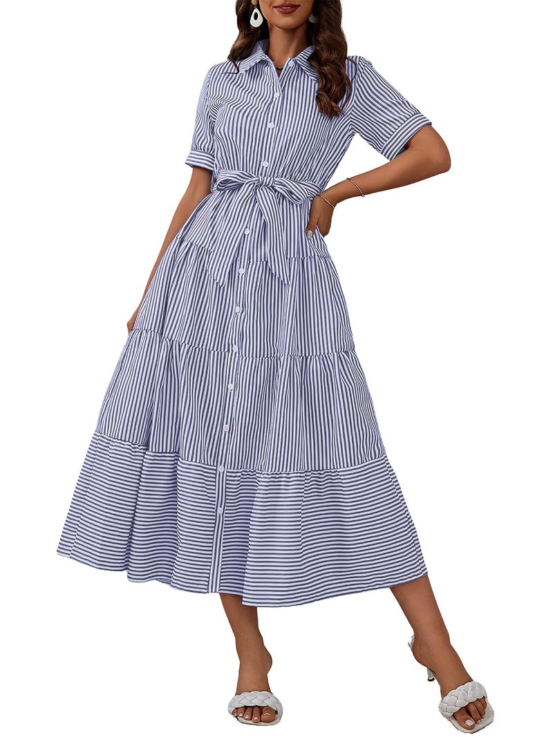 ebossy Women's Boho Striped Shirt Dress Button Down Belted Flowy Ruffles Loose A Line Maxi Long Dress with Pockets (S, Blue) - Image 1