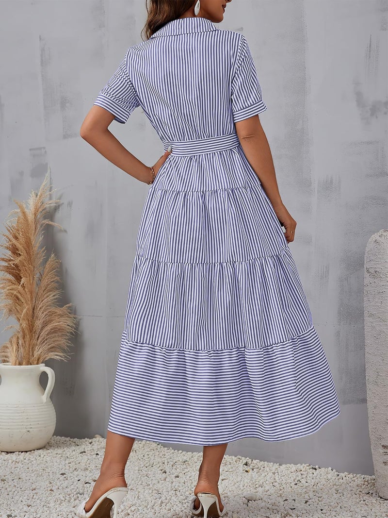 ebossy Women's Boho Striped Shirt Dress Button Down Belted Flowy Ruffles Loose A Line Maxi Long Dress with Pockets (S, Blue) - Image 3