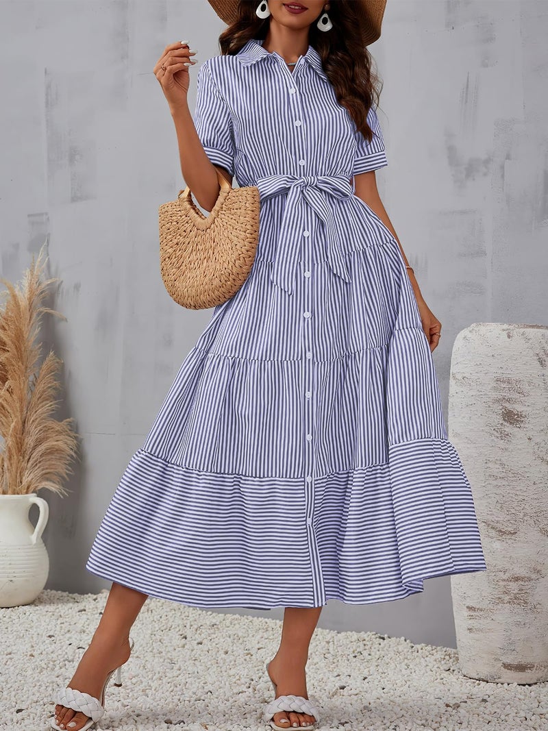 ebossy Women's Boho Striped Shirt Dress Button Down Belted Flowy Ruffles Loose A Line Maxi Long Dress with Pockets (S, Blue) - Image 2