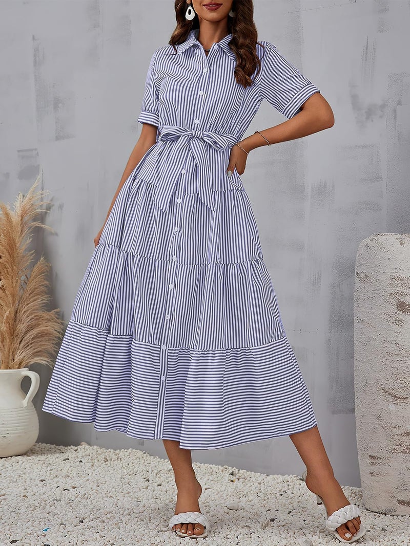 ebossy Women's Boho Striped Shirt Dress Button Down Belted Flowy Ruffles Loose A Line Maxi Long Dress with Pockets (S, Blue) - Image 4