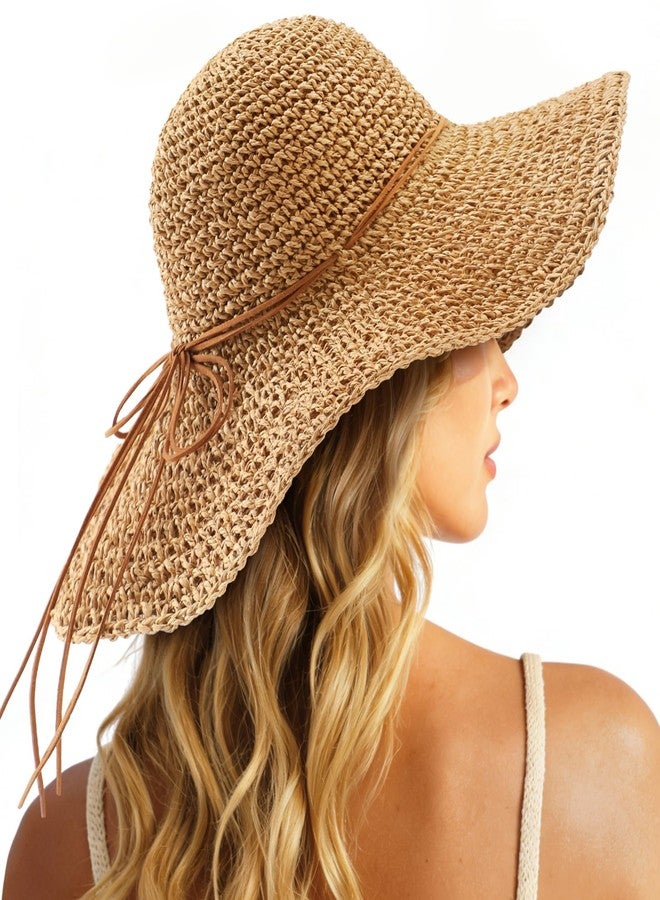 Tavaleu Beach Sun Straw Hats for Women, Floppy Wide Brim Summer Straw Hats, Foldable Packable Roll up Cap Khaki - Image 1
