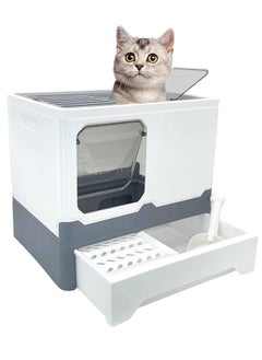 Large Foldable Cat Litter Box with Lid Top Entry Anti Splashing Kitten Toilet Kitty Litter Box Drawer Type Front Entry Top Exit and Scoop Easy to Scoop Clean