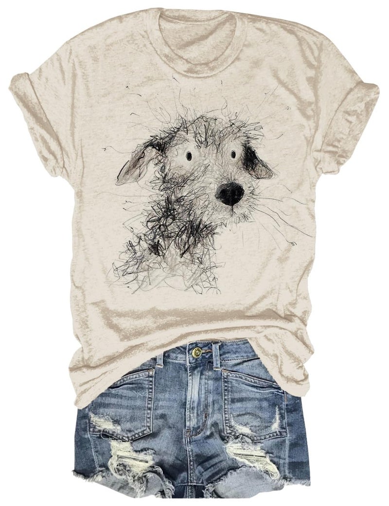 Women's Summer Dog Printed T-Shirt Funny Cute Animal Graphic Tees Tops(Beige,XXL)