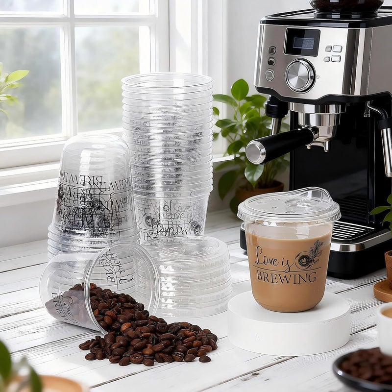 Jingmore 50 Set Plastic Round Bottom Cups with Lids 12 oz, Love is Brewing - Image 4