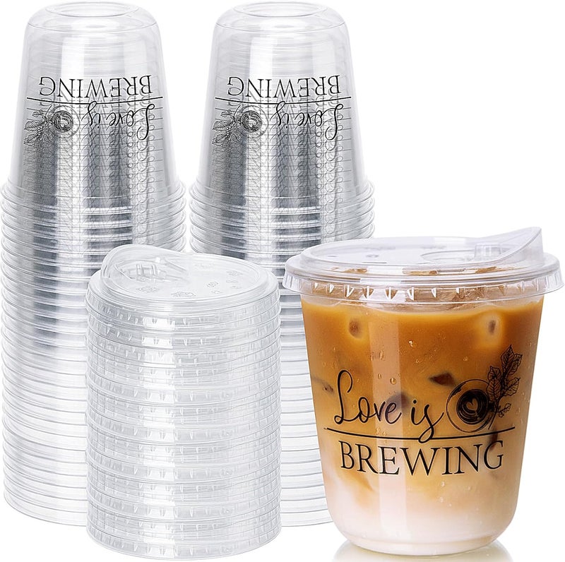 Jingmore 50 Set Plastic Round Bottom Cups with Lids 12 oz, Love is Brewing - Image 1