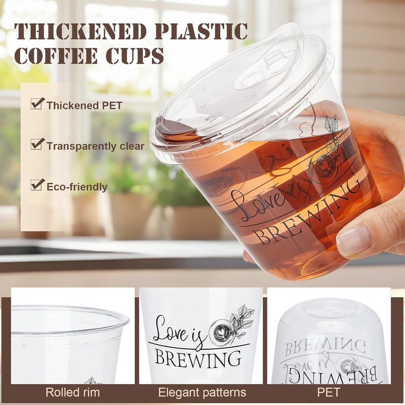 Jingmore 50 Set Plastic Round Bottom Cups with Lids 12 oz, Love is Brewing - Image 3