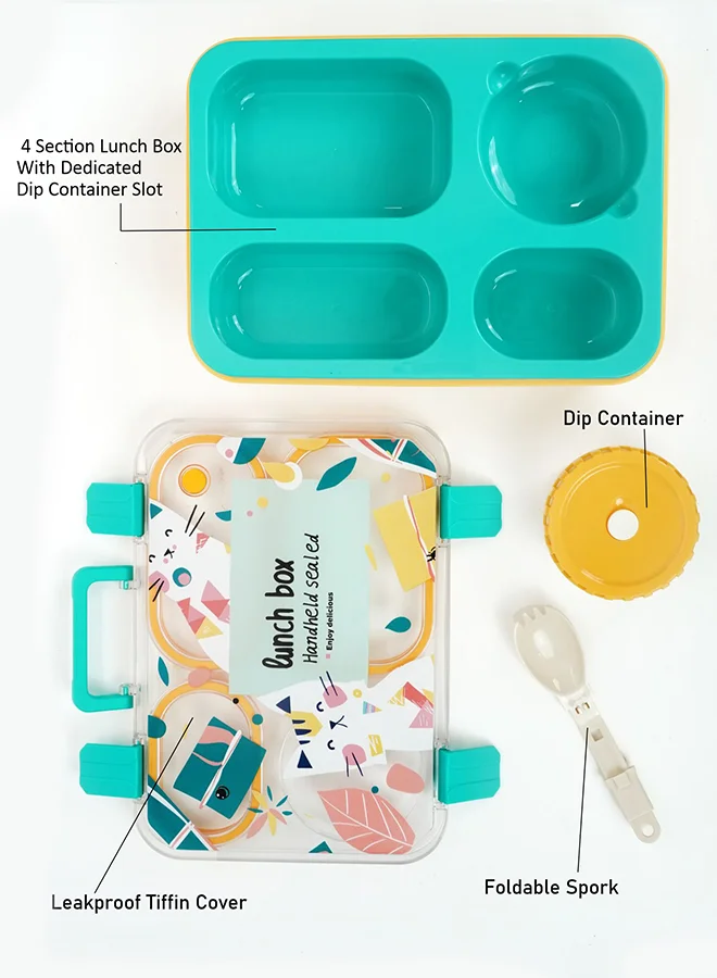 ليتل سربرايز بوكس Little Surprise Box, Teal & Mustard Meow Compact Tiffin Lunch Box for Kids
