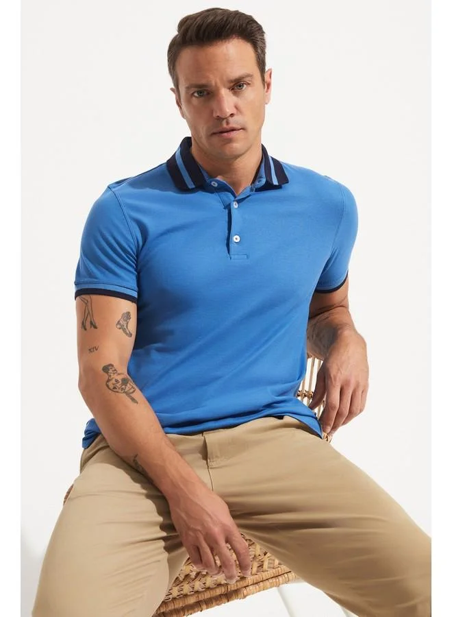 JUNE June Exclusive Men Slim Fit 100% Cotton Polo Neck Tshirt Blue