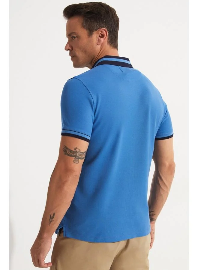 JUNE June Exclusive Men Slim Fit 100% Cotton Polo Neck Tshirt Blue