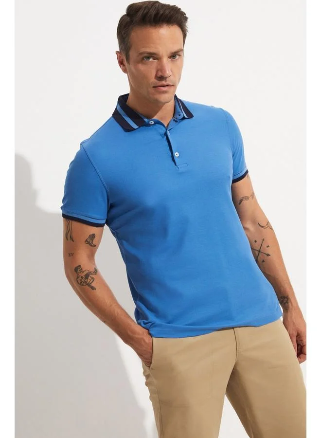 JUNE June Exclusive Men Slim Fit 100% Cotton Polo Neck Tshirt Blue