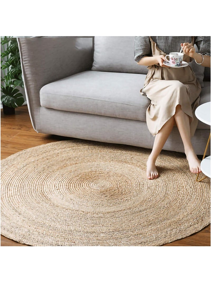 لينجوي سجادة جوت مستديرة مقاس 200 سم منسوجة يدويًا بتصميم مضفر قابلة للعكس سجادة منطقة بوهو سجادة طبيعية متينة لغرفة المعيشة وغرفة النوم والمدخل - Image 1