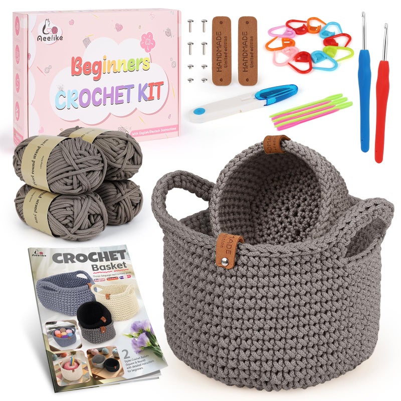 Aeelike 27PCS Crochet Basket Kit for Beginners (L&S), Complete Crochet Kit Include Instruction Beginner-Friendly Yarn, Starter Knitting Set for Beginners, Crocheting Gift for Storage Home Decor - Image 1
