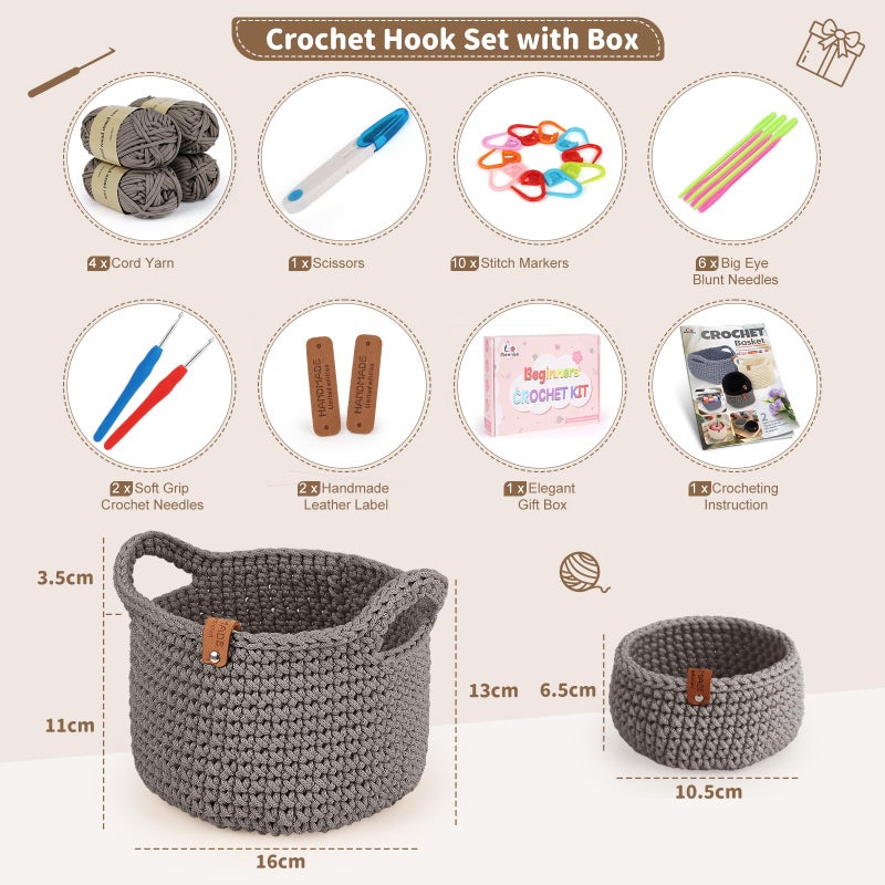 Aeelike 27PCS Crochet Basket Kit for Beginners (L&S), Complete Crochet Kit Include Instruction Beginner-Friendly Yarn, Starter Knitting Set for Beginners, Crocheting Gift for Storage Home Decor - Image 2