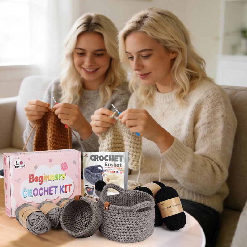 Aeelike 27PCS Crochet Basket Kit for Beginners (L&S), Complete Crochet Kit Include Instruction Beginner-Friendly Yarn, Starter Knitting Set for Beginners, Crocheting Gift for Storage Home Decor - Image 4
