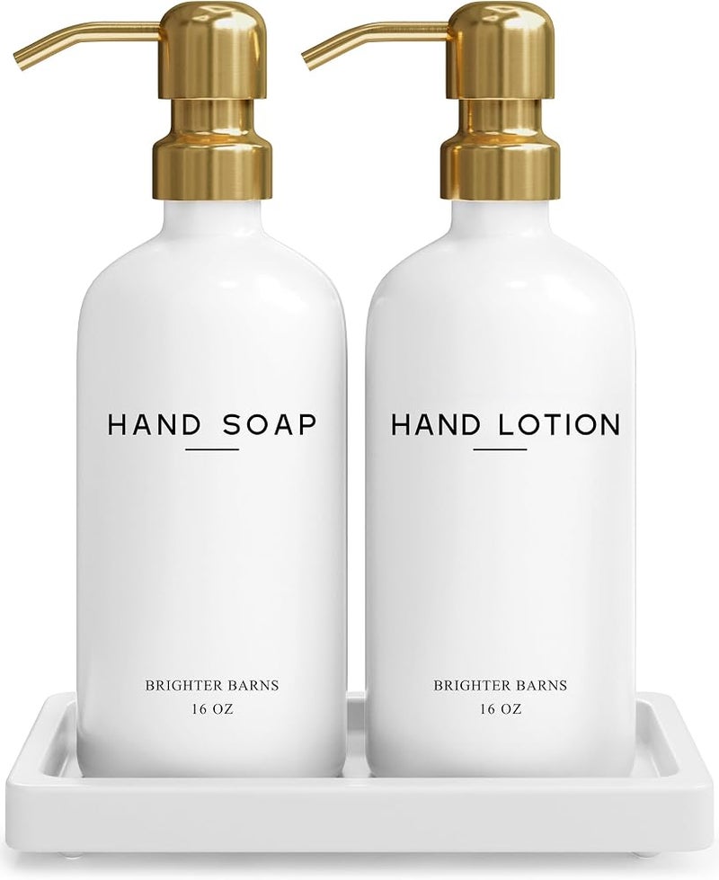 Brighter Barns Luxury Glass Soap Dispenser Bathroom Set - Liquid Soap and Lotion Dispenser Bathroom Set - Hand Soap Dispenser Tray and Pump Set - White and Gold Bathroom Decor & Accessories (Gold) - Image 1