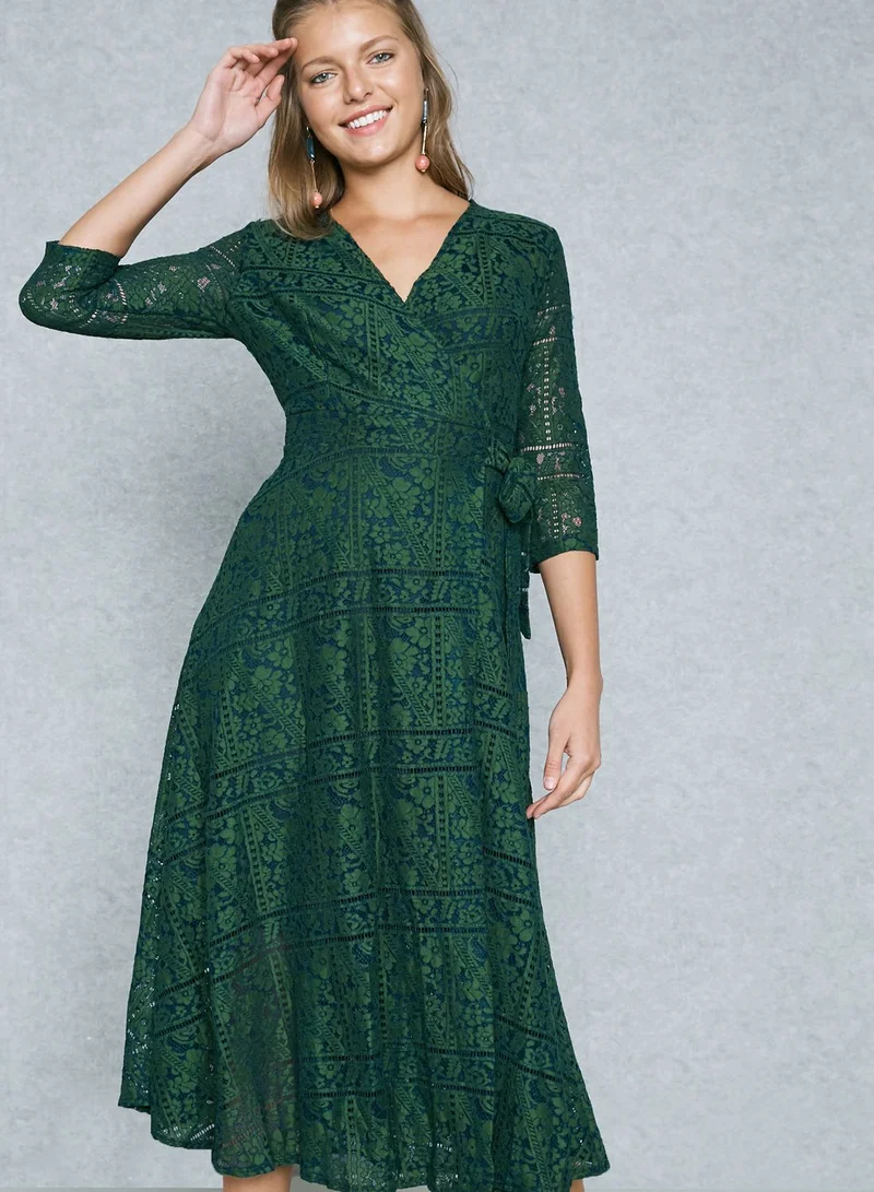 ELLA Wrap Front Self Tie Lace Dress