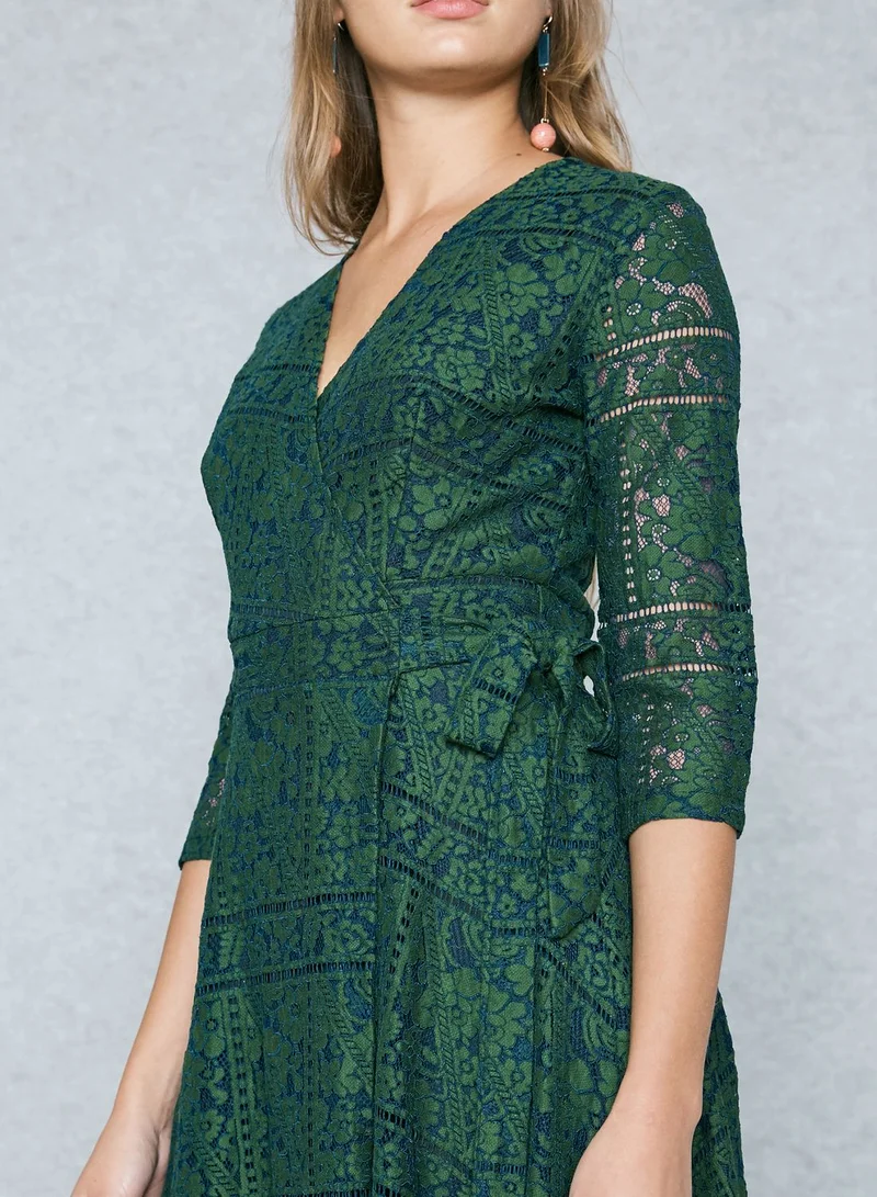 ELLA Wrap Front Self Tie Lace Dress