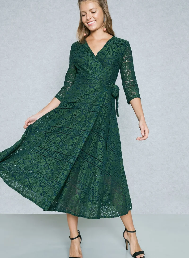 ELLA Wrap Front Self Tie Lace Dress