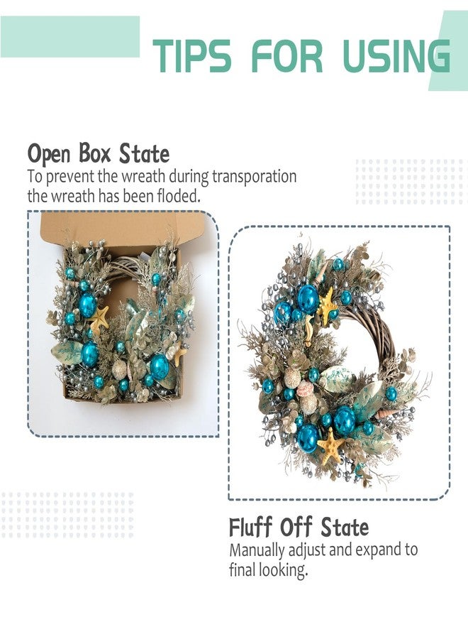 Egolot 24 Inch Summer Costal Sea Blue Balls Seashell Wreath for Front Door, Vine Waved Base Glitter Champion Seahorse Wreath for Indoor Outdoor, Rustic Farmhouse Sea Costal Home Decor - Image 5