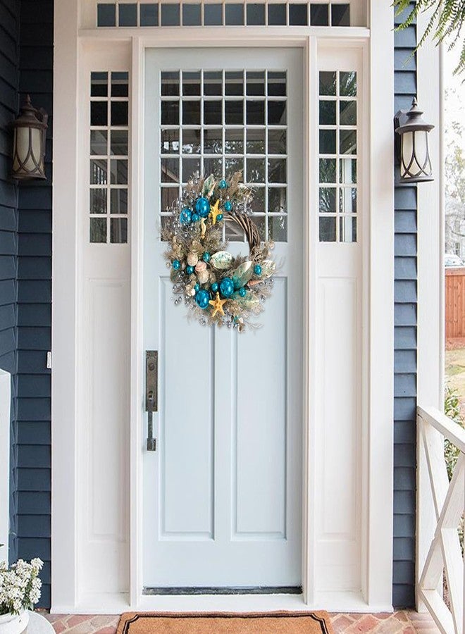 Egolot 24 Inch Summer Costal Sea Blue Balls Seashell Wreath for Front Door, Vine Waved Base Glitter Champion Seahorse Wreath for Indoor Outdoor, Rustic Farmhouse Sea Costal Home Decor - Image 2