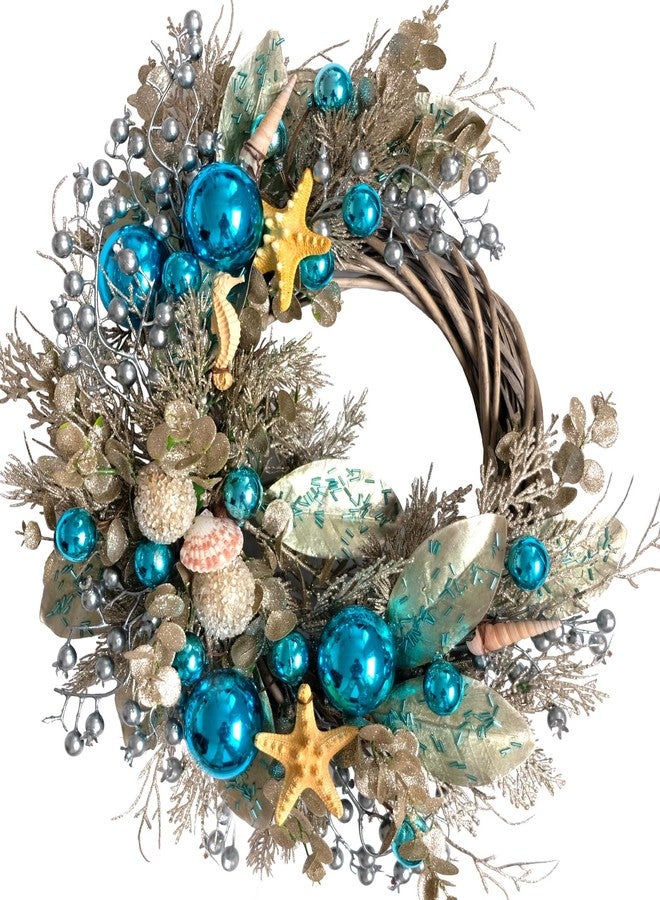 Egolot 24 Inch Summer Costal Sea Blue Balls Seashell Wreath for Front Door, Vine Waved Base Glitter Champion Seahorse Wreath for Indoor Outdoor, Rustic Farmhouse Sea Costal Home Decor - Image 1