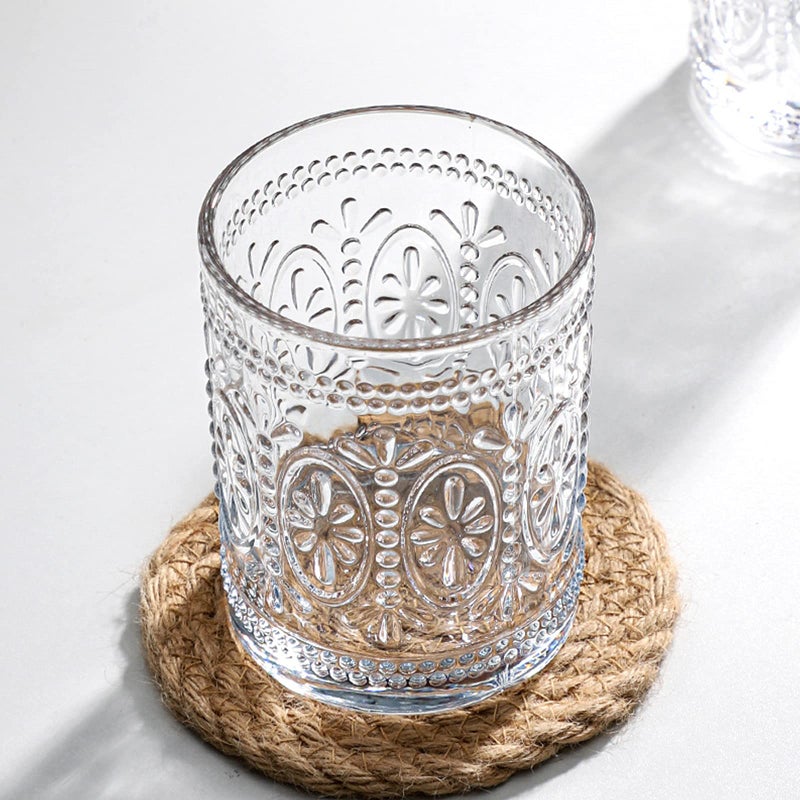Bekith 6 Pack Drinking Glasses, 9.5 oz Romantic Water Glasses, Clear Embossed Glass Cups Vintage Glassware Set for Whisky, Juice, Beverages, Beer, Cocktail - Image 5