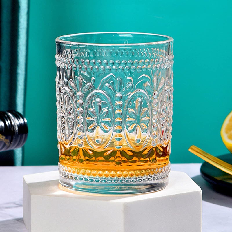 Bekith 6 Pack Drinking Glasses, 9.5 oz Romantic Water Glasses, Clear Embossed Glass Cups Vintage Glassware Set for Whisky, Juice, Beverages, Beer, Cocktail - Image 4